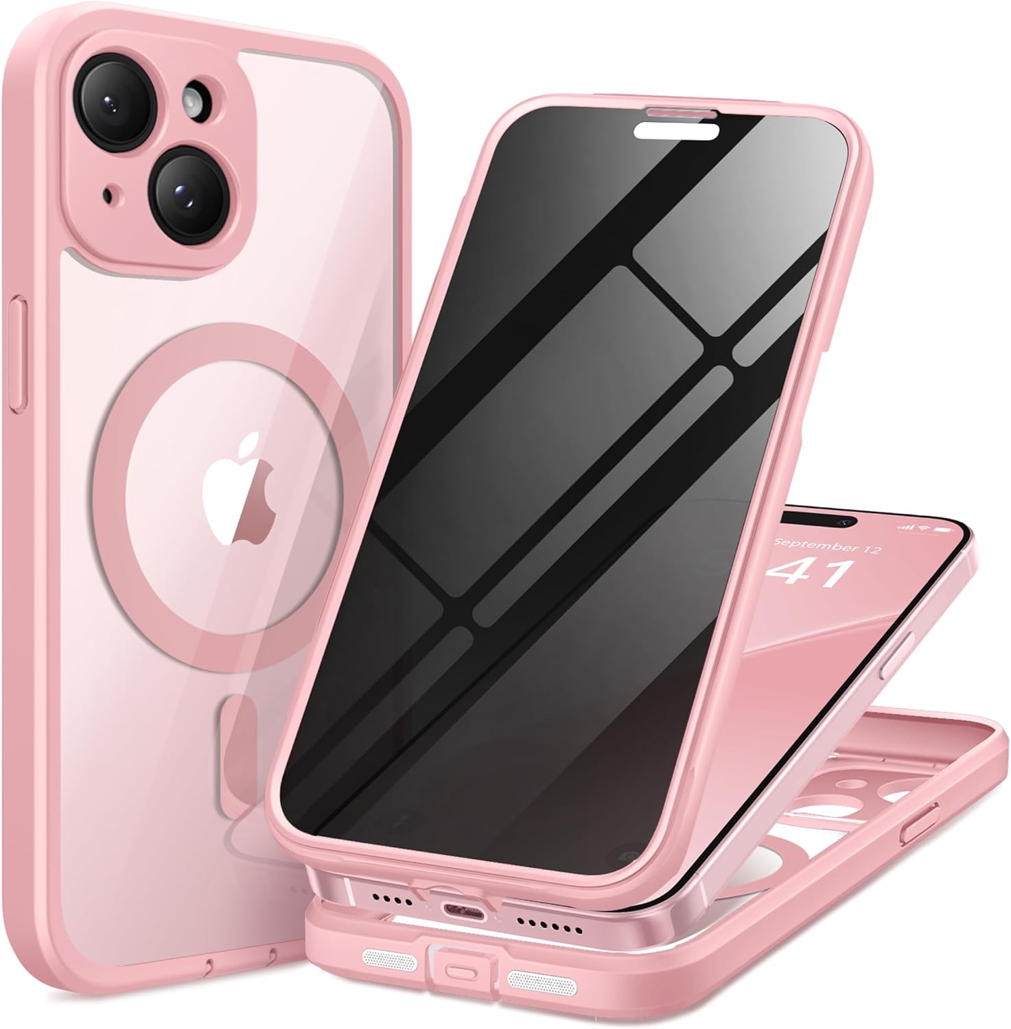 Magnetic for iPhone 15 Case, Compatible with MagSafe, Built-in Privacy Screen Protector and Camera Protection, Anti Spy Full Body Dustproof Shockproof Hard Phone Case 6.1", Pink