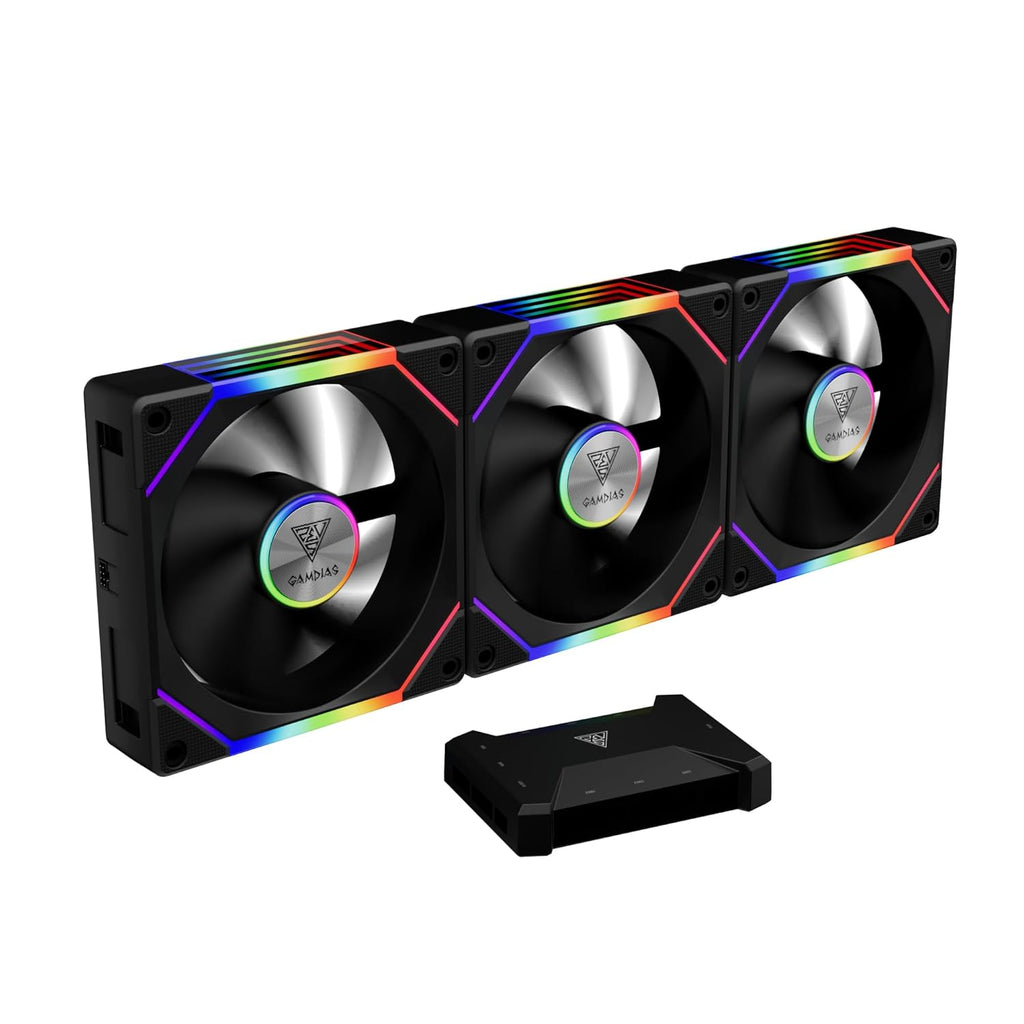 GAMDIAS Aeolus P2-1203U 120mm ARGB PWM Fan(3 Fan Pack w/USB Hub), Include Reverse Fan Blade x3, ARGB Sync Ready, Easy Installation & Cabless Daisy-Chain Design, Silent Operation, Up to 2400RPM, Black