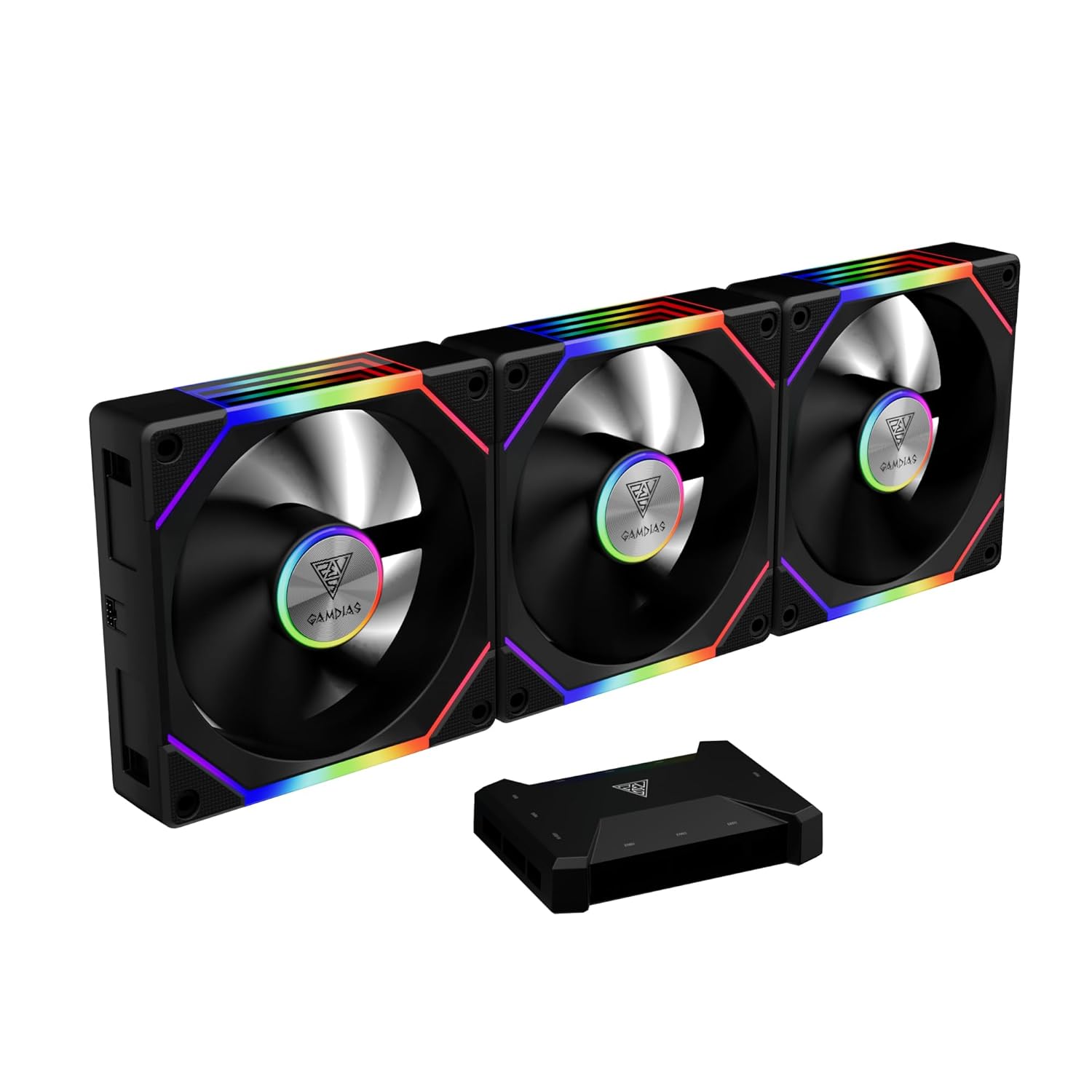 GAMDIAS Aeolus P2-1203U 120mm ARGB PWM Fan(3 Fan Pack w/USB Hub), Include Reverse Fan Blade x3, ARGB Sync Ready, Easy Installation & Cabless Daisy-Chain Design, Silent Operation, Up to 2400RPM, Black