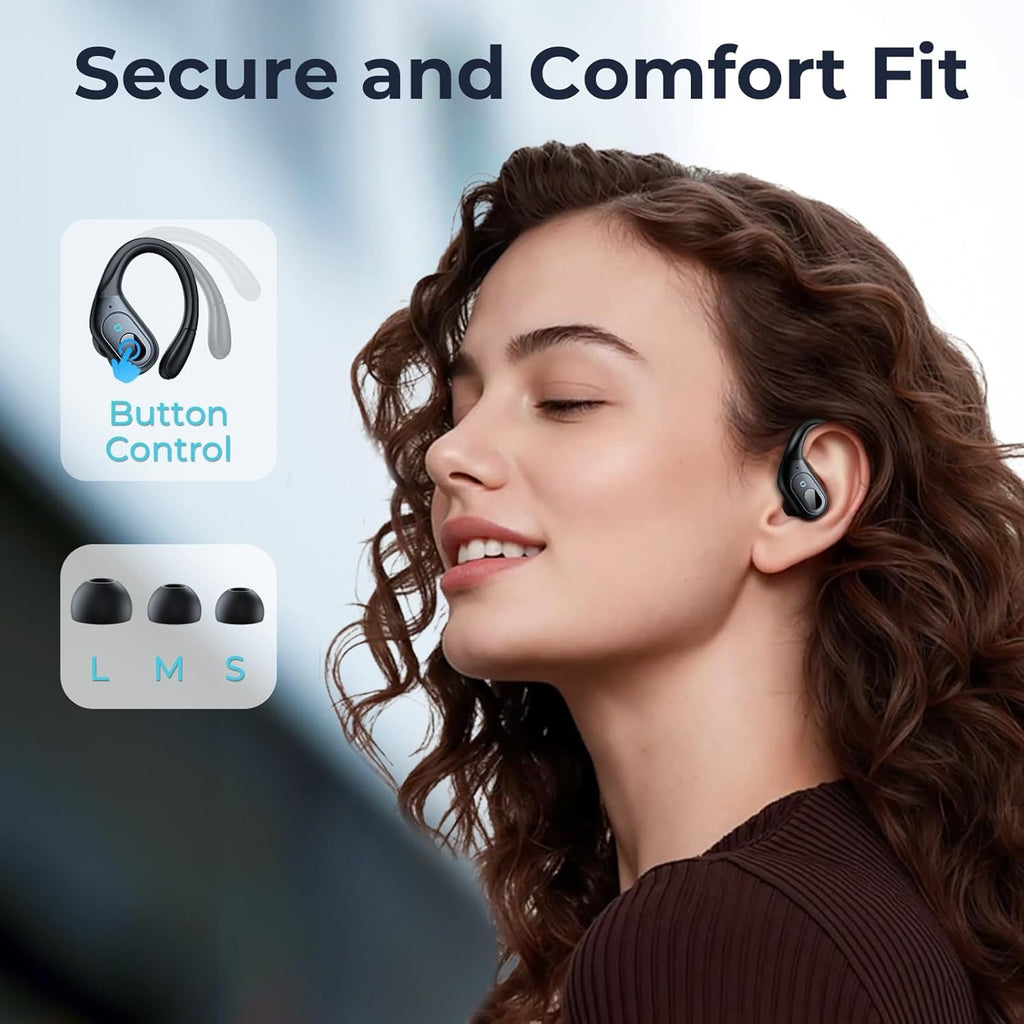 occiam Active Noise Cancelling Ear Buds Bluetooth Headphones Wireless Earbuds 90Hrs Playback Stereo Bass Earphones with Over-Ear Hooks IPX7 Waterproof Earbud for Sports Running Gym Workout Black