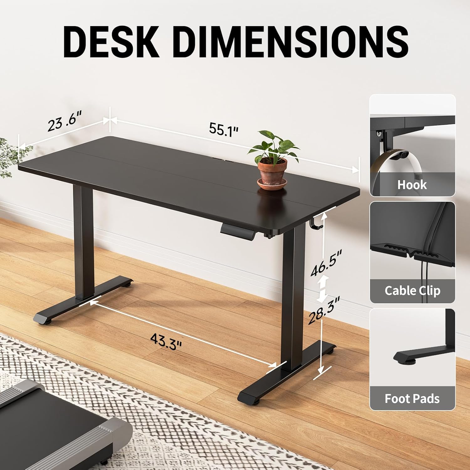 Veken 55 Inch Large Electric Standing Desk, Heights Adjustable,Sit to Stand Up, Work Home Office Computer Table for Study, Walking Pad, Writing, and Games, Wooden Desktop Desks, Black