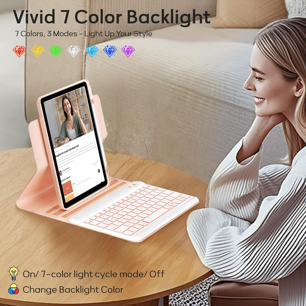 BLUTLOTUS for iPad 11th (A16) 10th Generation Case with Keyboard (2025/2022) - 360° Rotatable Magnetic Folio Cover, 7 Color Backlit Detachable Keyboard with Pencil Holder (Rose Gold)