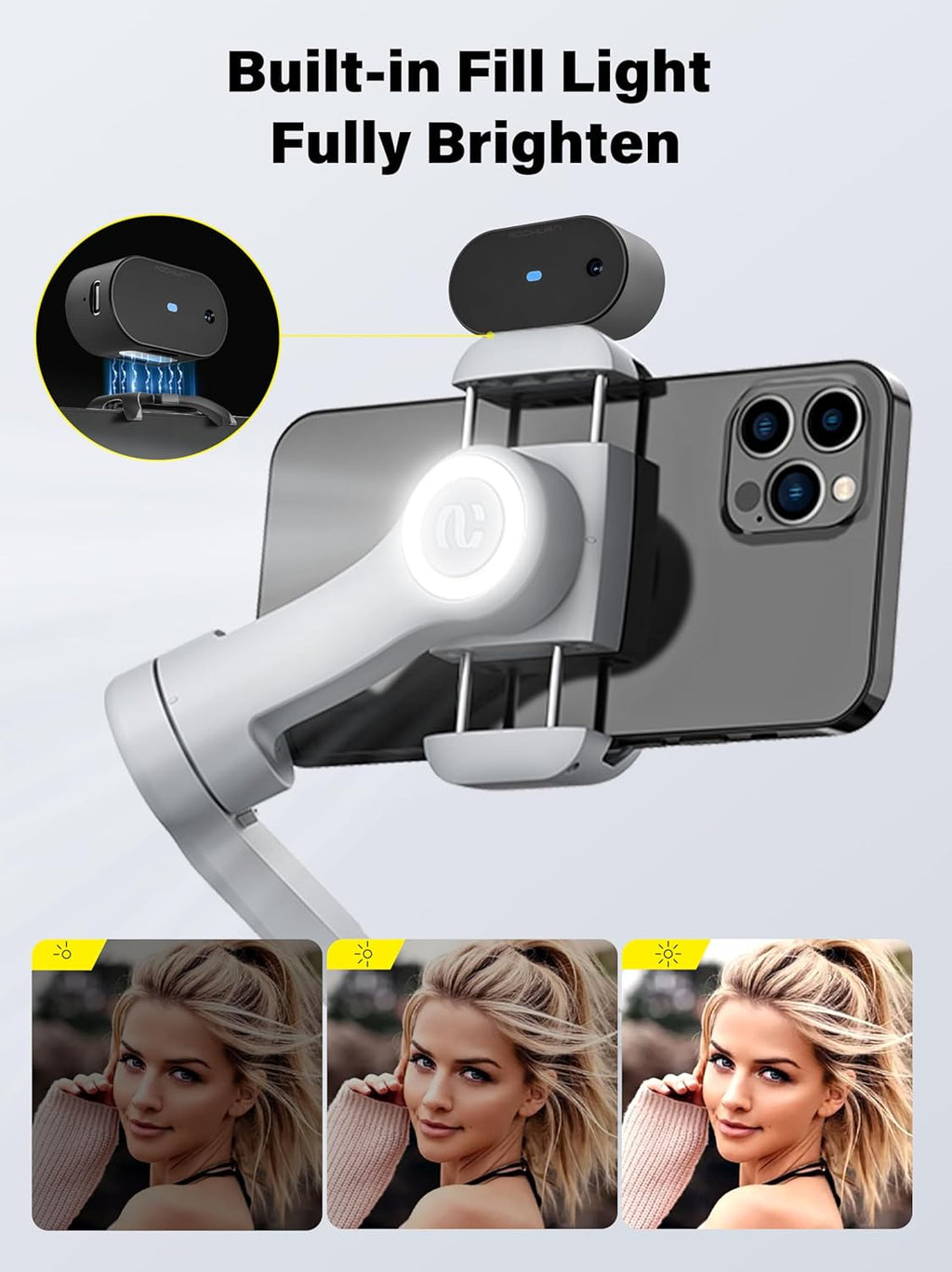 Gimbal Stabilizer for Smartphone AI Tracking(No App), 3-axis Gimbal with OLED Display/Built-in Light, Stabilizer for iPhone&Android, AOCHUAN X Pro Grey AI Version