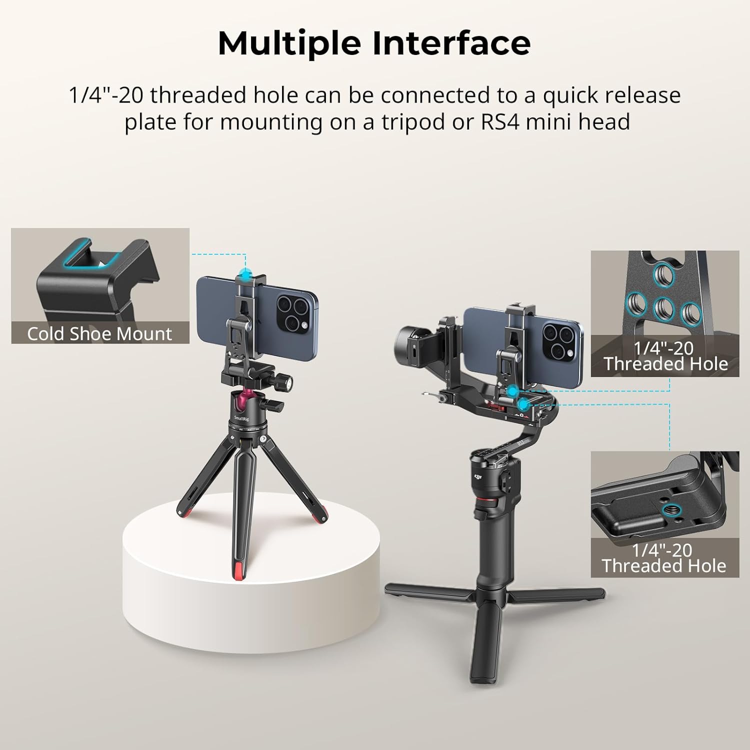 SmallRig Metal Phone Tripod Mount with Quick Release Adapter for Arca and Cold Shoes, Universal Cell Phone Stand for Desk, for DJI RS 3 mini Stabilizer, for iPhone - 4611