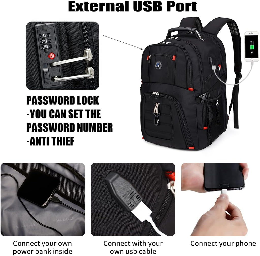 SHRRADOO Extra Large 50L Travel Laptop Backpack with USB Charging Port, College High School Backpack Airline Approved Business Work Bag Fits 17 Inch Computer for Men Women