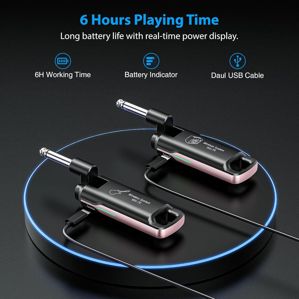 LEKATO Wireless Guitar System UHF Wireless Guitar Transmitter Receiver Rechargeable Audio Bass Cable with 70 Channels for Bass Electric Instruments(Pink)
