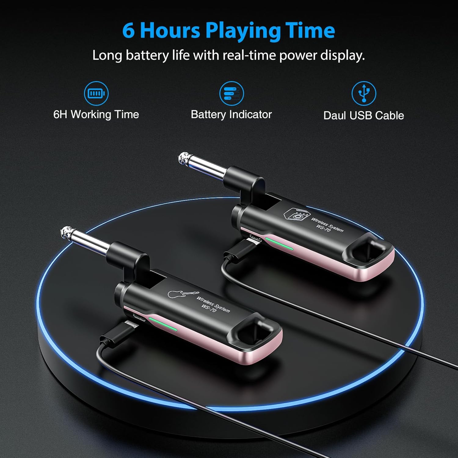 LEKATO Wireless Guitar System UHF Wireless Guitar Transmitter Receiver Rechargeable Audio Bass Cable with 70 Channels for Bass Electric Instruments(Pink)
