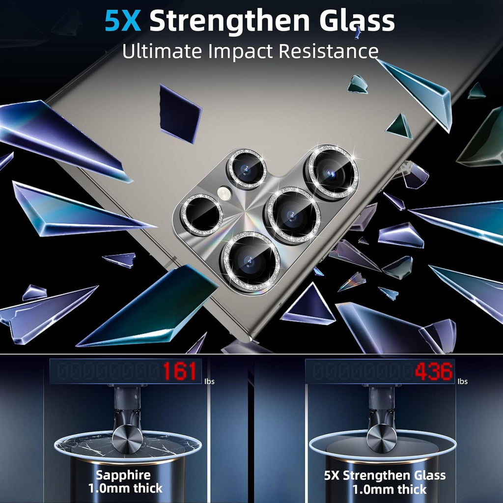 YWXTW Camera Lens Protector for Samsung Galaxy S24 Ultra, [Lithography Laser Gradient] [5X Strengthen] Bling Glitter Tempered Glass Screen Protector Metal Ring Camera Lens Cover (Titanium Gray)