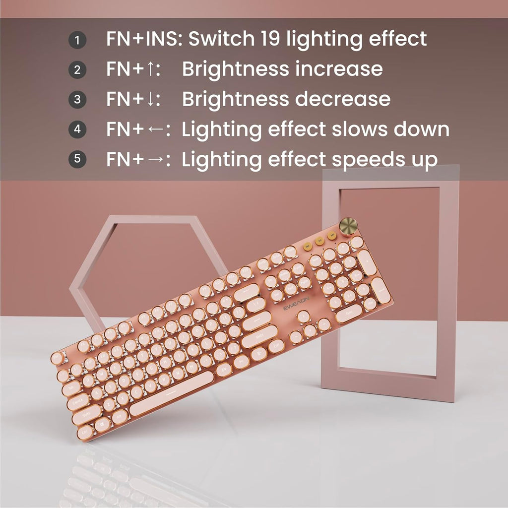 EWEADN V20 Typewriter Keyboard Wireless, 104 Keys Typewriter Style Mechanical with White Backlit, Media Knob, Pink Switch 2.4G/Bluetooth/USB-C Wired Retro Full Size Keyboard for Windows/Mac/PC-Pink