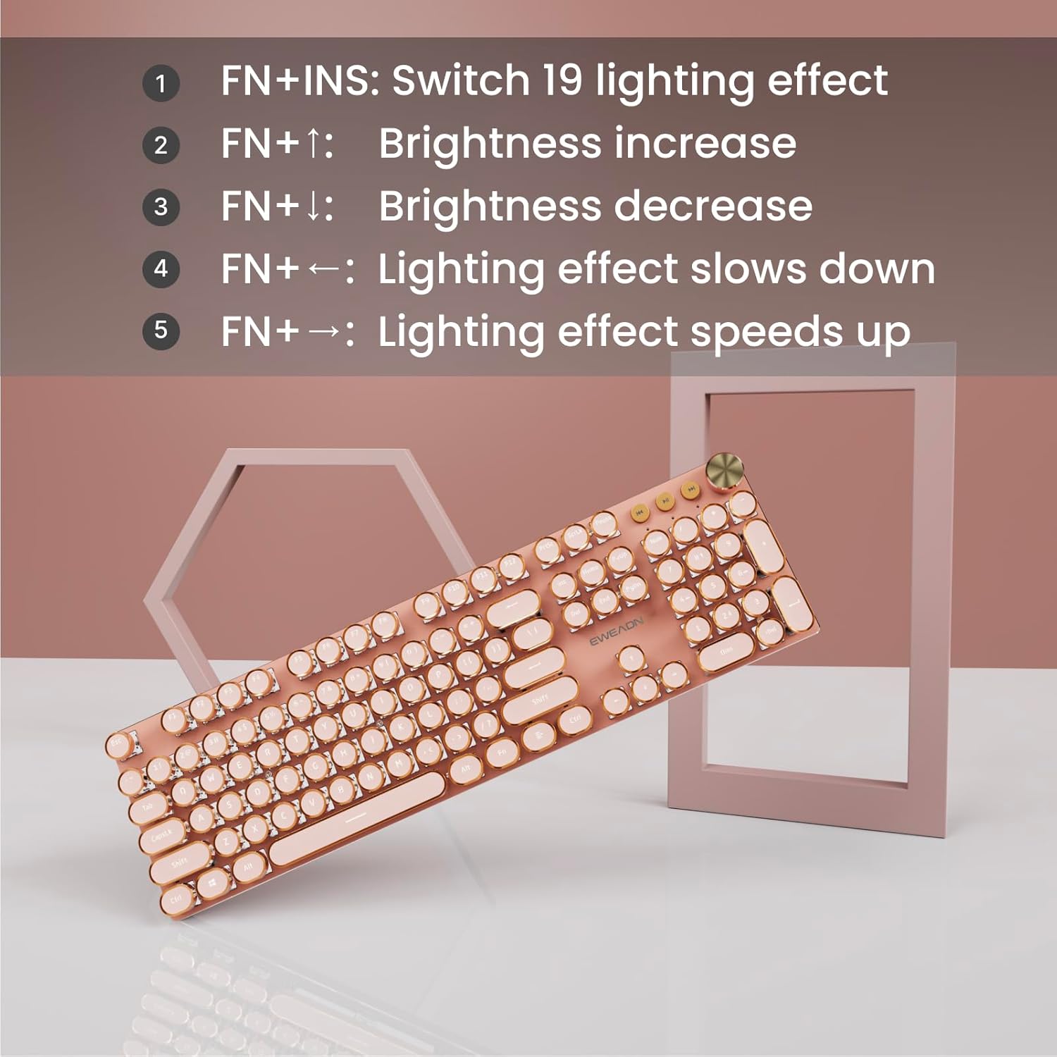 EWEADN V20 Typewriter Keyboard Wireless, 104 Keys Typewriter Style Mechanical with White Backlit, Media Knob, Pink Switch 2.4G/Bluetooth/USB-C Wired Retro Full Size Keyboard for Windows/Mac/PC-Pink