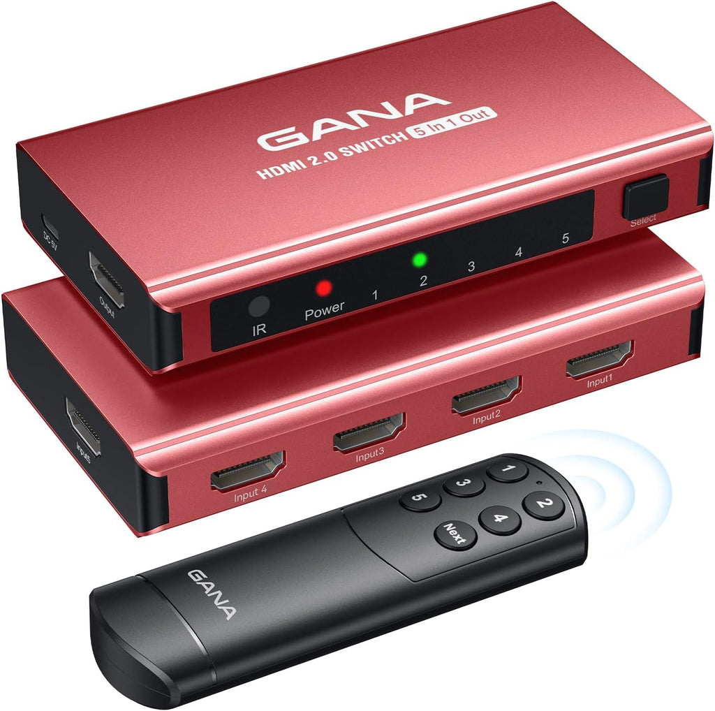 HDMI Switch 5 in 1 Out 4K@60Hz, GANA HDMI Splitter Switcher with Remote, Aluminum HDMI 2.0 Switch Box Hub for 3D, HDCP2.2, HDR, Compatible with Xbox, PS5/4/3,Fire Stick,Roku,Blu-Ray Player, Red