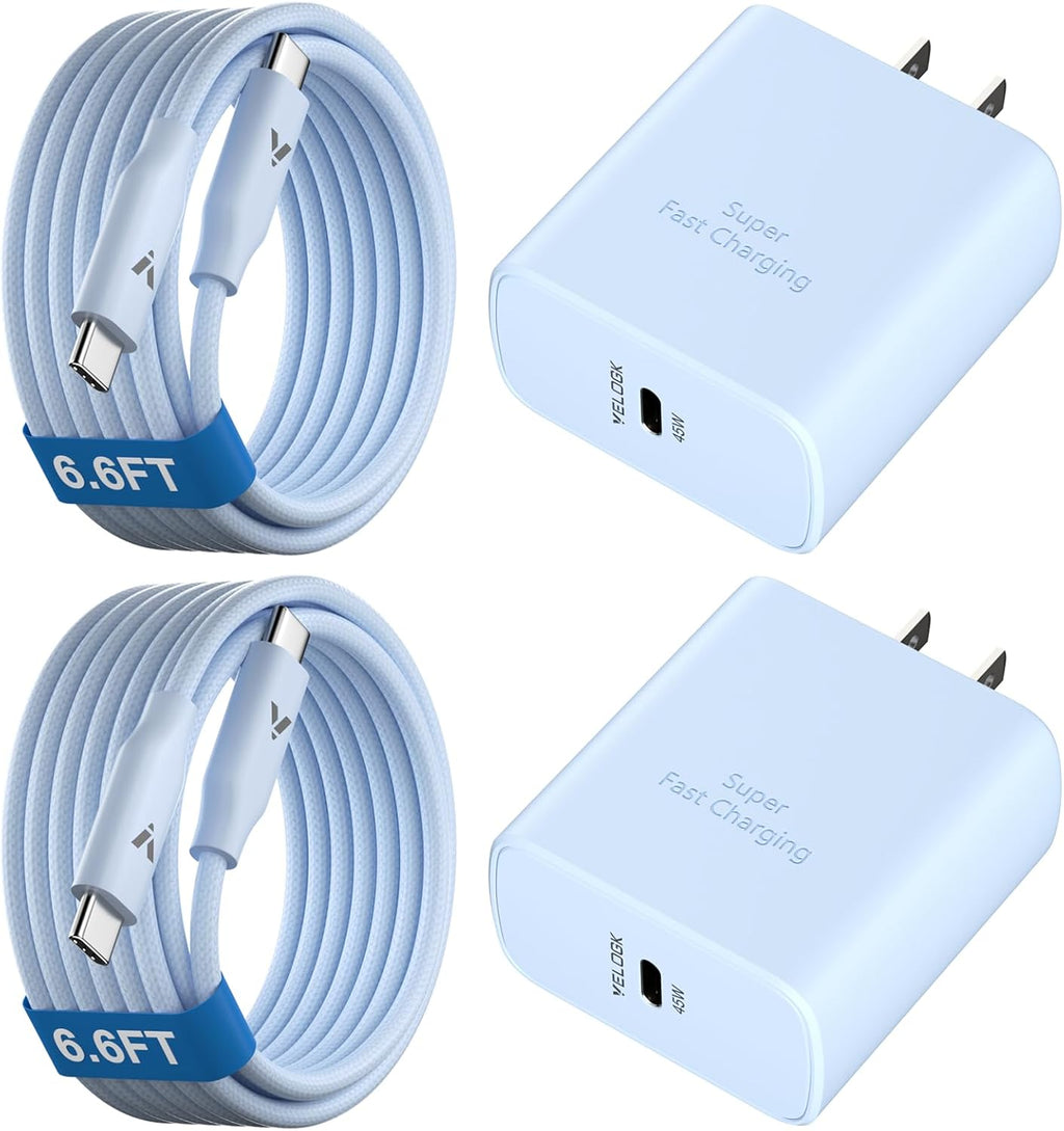 45W Super Fast Charger USB C, 45 Watt Type-C Android Phone Charger Fast Charging Block with 6.6FT Type C Cords for Samsung Galaxy S25 Ultra/S24 Ultra/S24+/S23 Ultra/S22 Plus/S20, Tab S9/S8 Ultra(Blue)