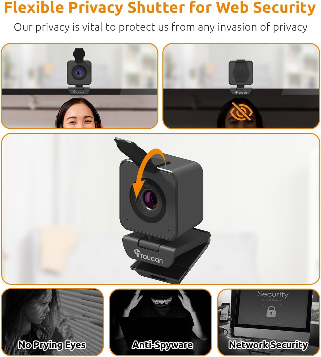 TOUCAN 1080P HD Webcam with Built-in Noise-Cancelling Mic & Privacy Shutter – Wide 90° Angle, Plug & Play USB Video Camera for Video Calls, Streaming, Home Office & Online Classes