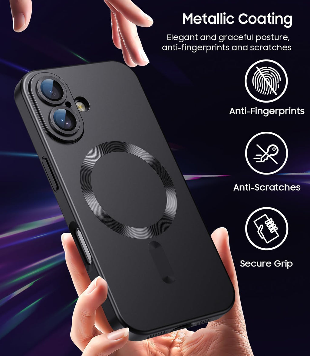 Magnetic for iPhone 16 Plus Case [Compatible with MagSafe][Built-in Camera Lens Protector] Slim Soft Silicone Bumper Shockproof Metallic Luster Phone Case (Black)