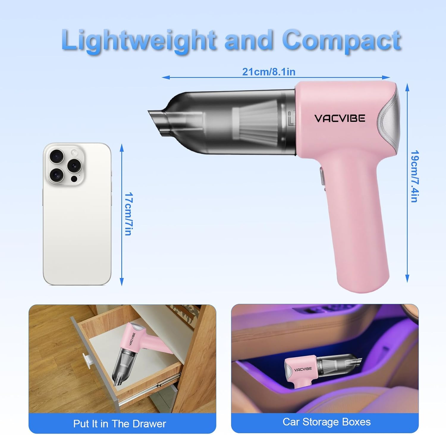 Handheld Car Vacuum Cleaner, 21000PA 4 in 1 Portable Rechargeable Brushless Motor Mini Cordless Car Cleaner, 120W High Power with Multi-Nozzles for Home Office Pet, Present for Girl Women Pink