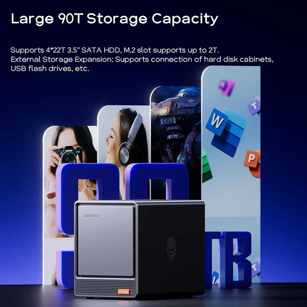 AOOSTAR WTR PRO AMD Ryzen 7 5825u 4 Bay NAS Mini PC, 16GB RAM 512GB SSD, 4K HDMI, 2 * M.2 NVMe Slots, 2.5/3.5 SATAx 4 Storage(Up to 4 * 22TB)