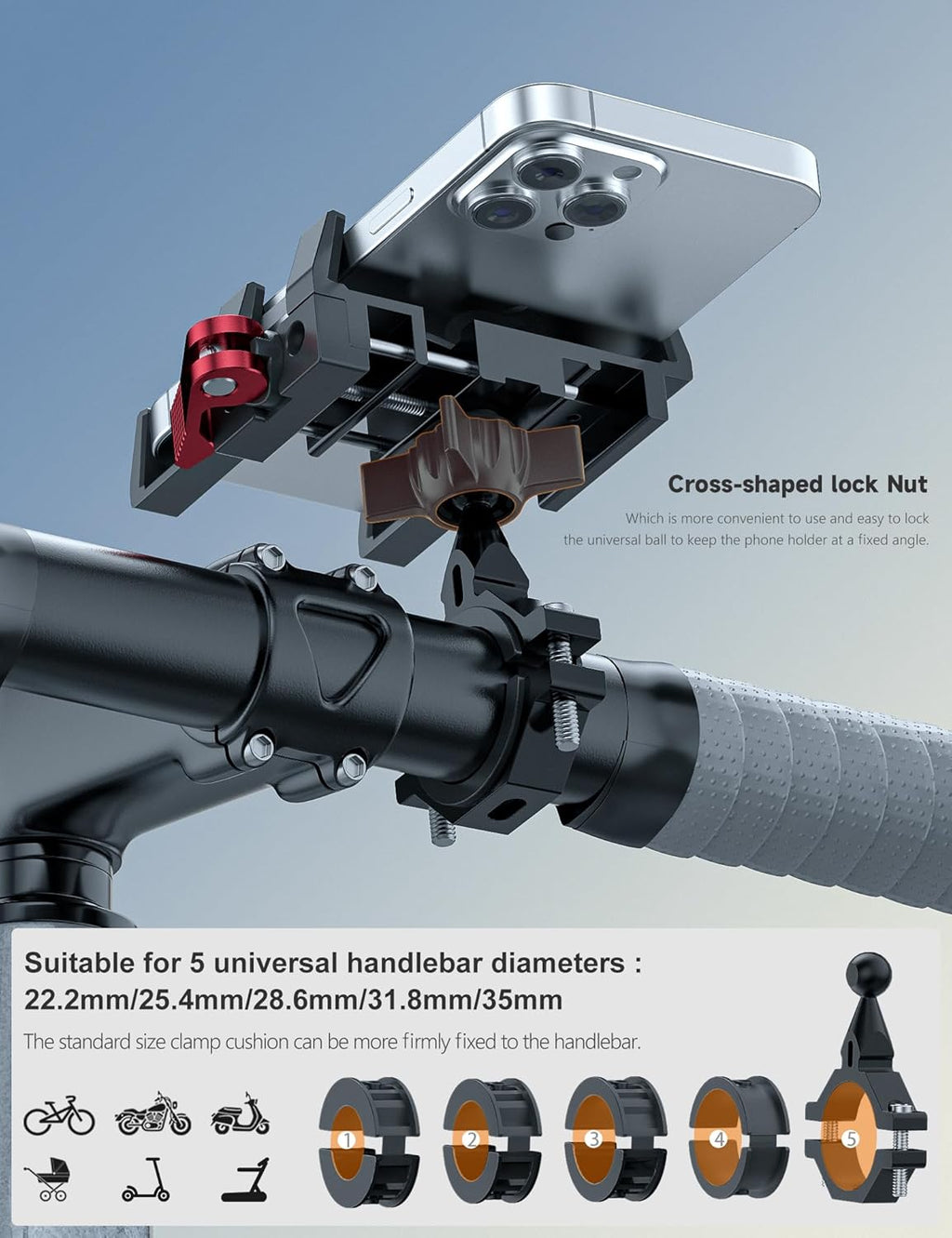 Tiakia Aluminum Bike Phone Mount Holder, [2024 Upgrade] Motorcycle Phone Mount, [1s Lock] Handlebar Mounted Cell Phone Holder, 360° Rotation, Universal Bicycle Phone Mount for 4.5-7 Inch Phones