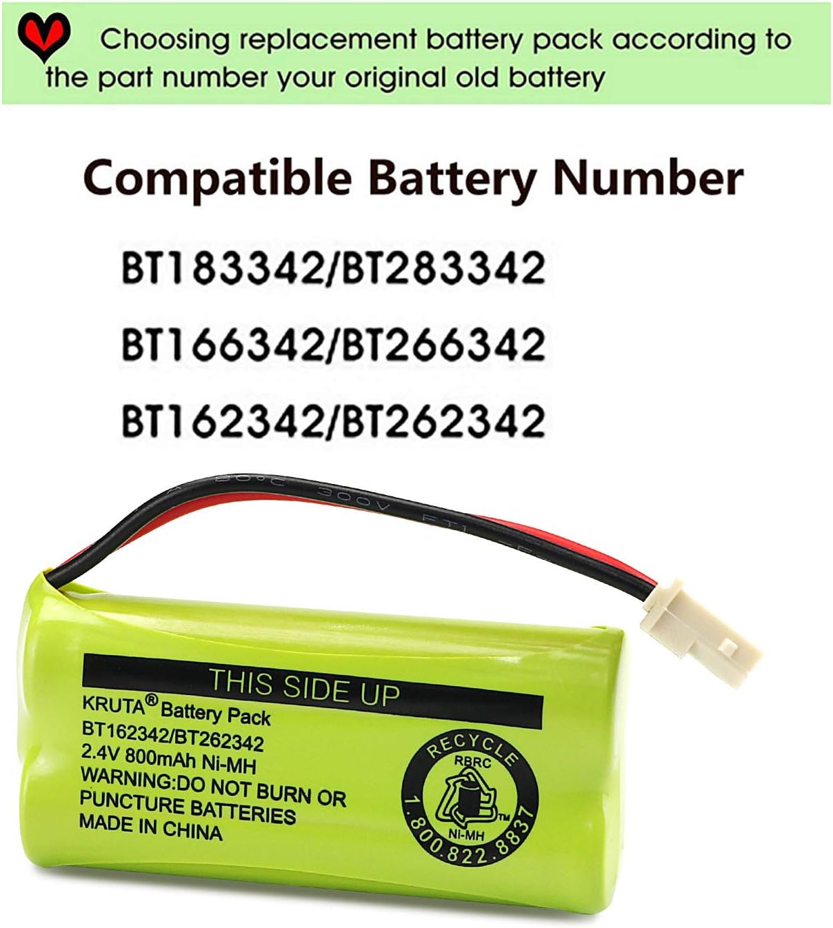 Kruta BT166342 BT266342 Battery 2.4V 800mah Replacement Battery Pack Compatible with for BT183342 BT283342 BT162342 BT262342 VTech CS6114 CS6419 CS6719 at&T EL52300 CL80111 Cordless Phone (Pack 4)