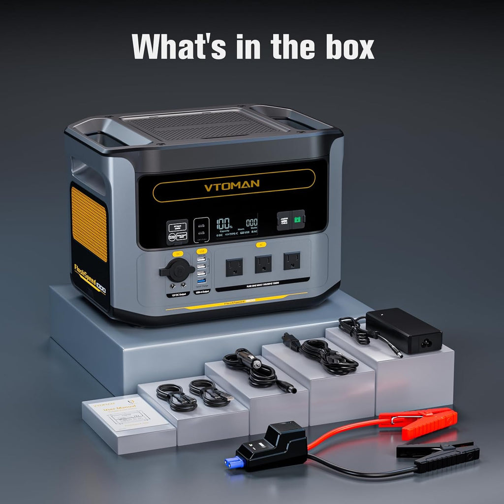 VTOMAN FlashSpeed 1500 Portable Power Station with Jumper Cables, 1548Wh LiFePO4 Solar Generator & Car Jump Starter, Recharge 0-100% in 1H, 1500W AC Output/Input, for Outdoor, Home, Roadside Rescue