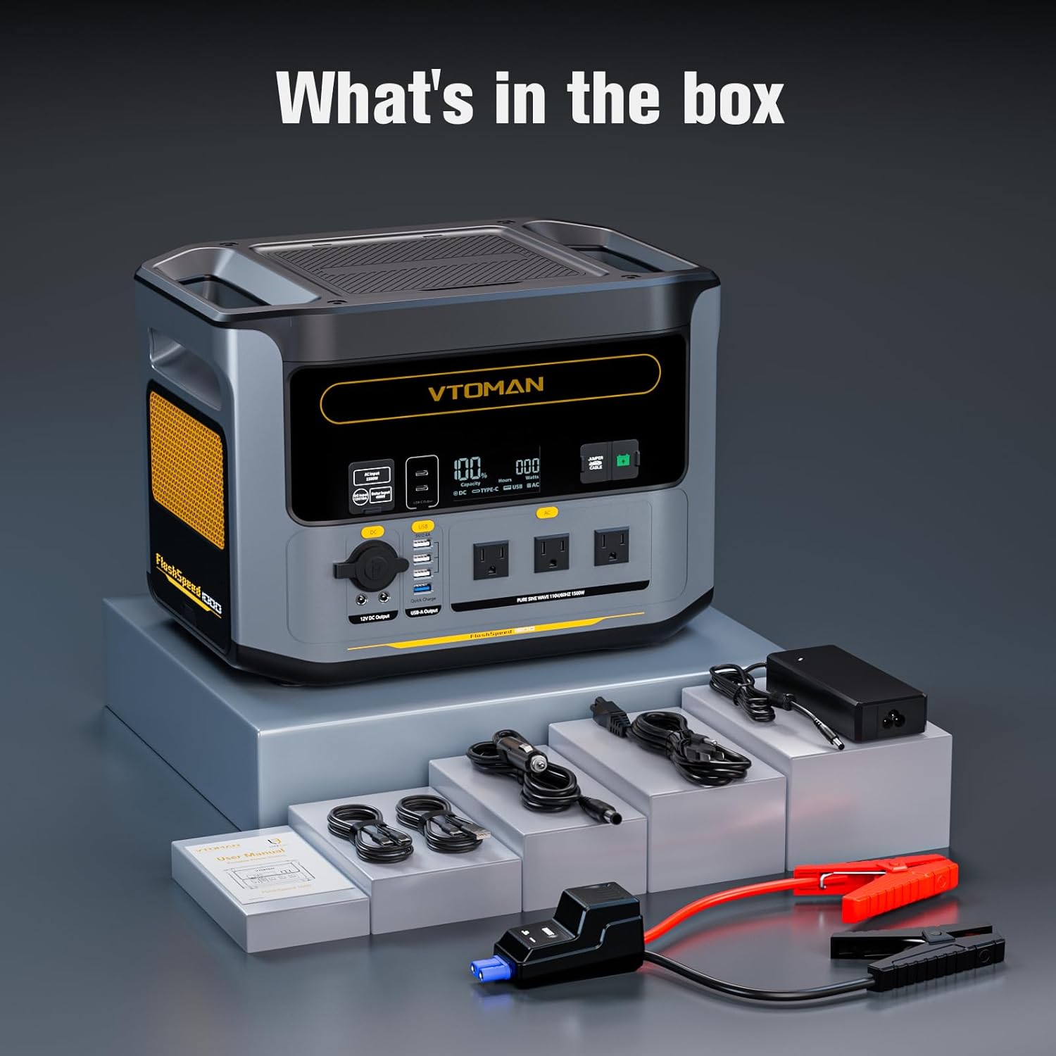 VTOMAN FlashSpeed 1500 Portable Power Station with Jumper Cables, 1548Wh LiFePO4 Solar Generator & Car Jump Starter, Recharge 0-100% in 1H, 1500W AC Output/Input, for Outdoor, Home, Roadside Rescue