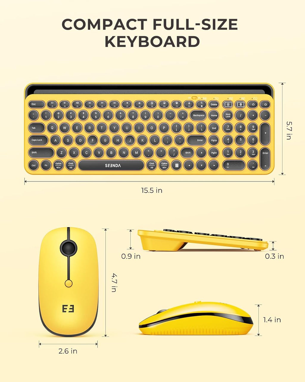 seenda Bluetooth Keyboard and Mouse for iPad, CTU-301 Multi-Device Bluetooth + 2.4G Wireless Keyboard Mouse with Tablet Holder for MacBook/Windows Computer, iOS/Andriod Tablet Phone, Yellow