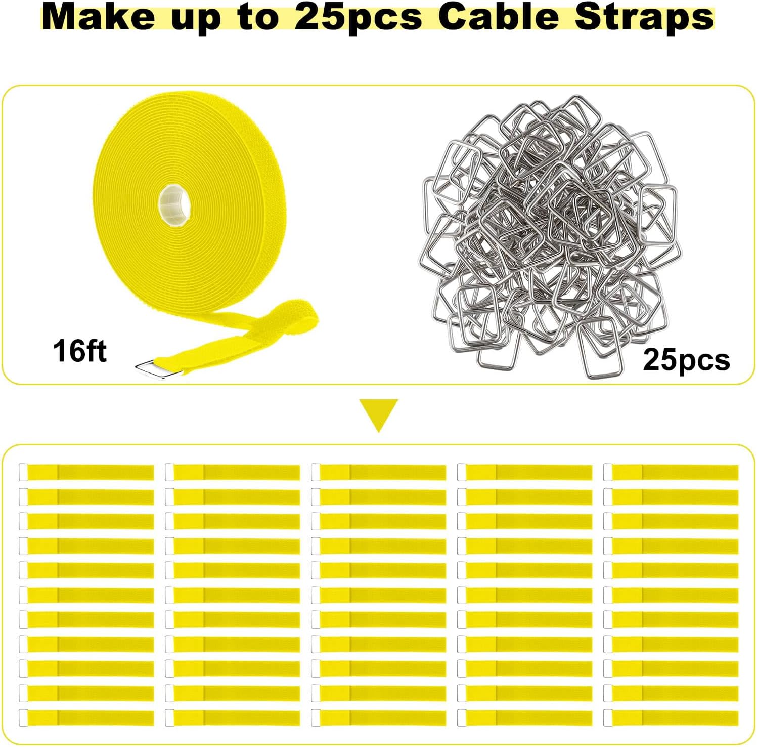 1"x16ft Hook and Loop Straps with 25 Metal Buckles, Adjustable Fastening Cable Straps, Cut-to-Length Cinch Strap, Reusable Nylon Securing Cord Ties for Organizer or Storage, 1 inch Wide,Yellow