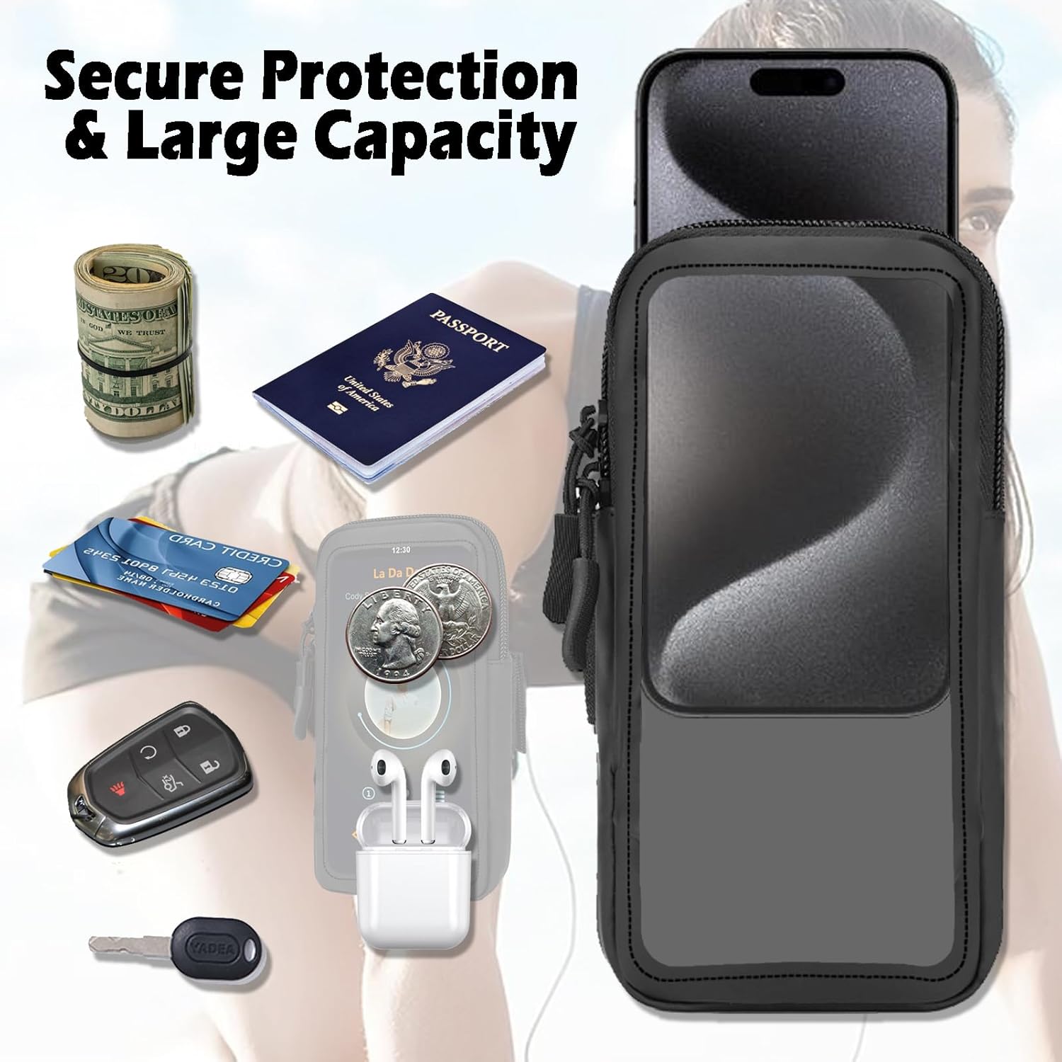 Phone Holder for Running, Walking, and Workout - Adjustable Arm Band Armband for iPhone and Cell Phones - Clear Crossbody Phone Pouch Purse with Strap for Women Men