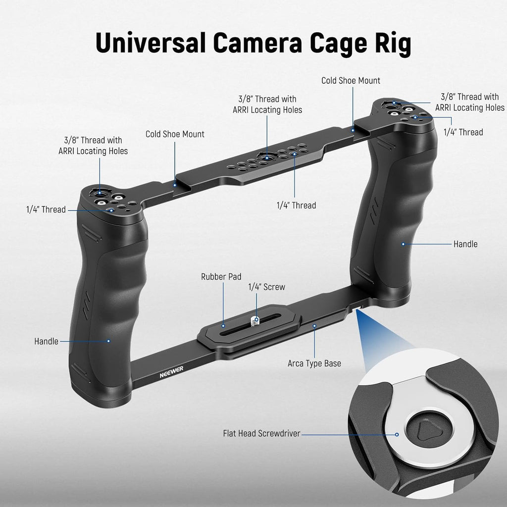 NEEWER Universal Camera Cage with Top Handle & Cold Shoe Monitor Mount, Arca Type Camera Gimbal Stabilizer Video Rig, Dual Handgrips & 3/8" for ARRI Compatible with SmallRig Accessories, CA016T+MA006