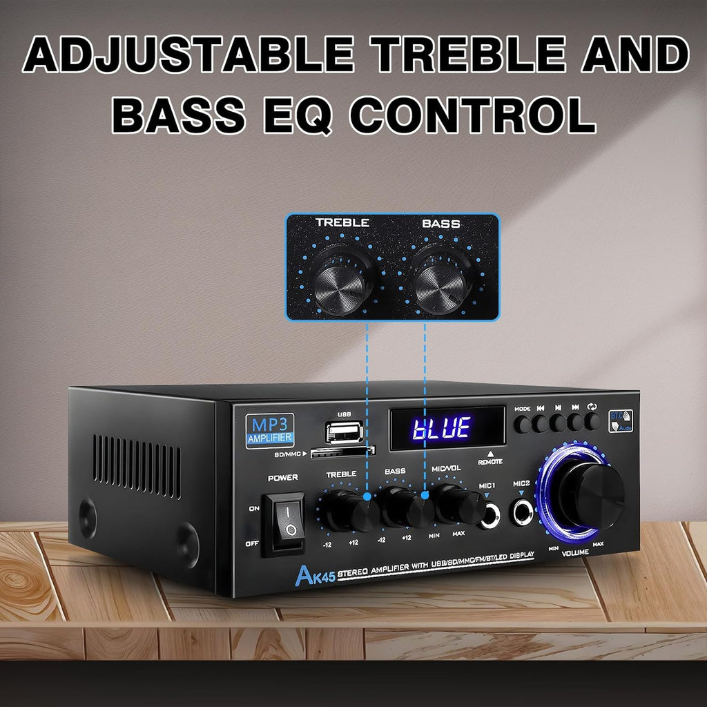 AK45 Stereo Receivers Amplifier Home Audio with Bluetooth, 300W, 2.0 Channel Power Amplifier for Home Stereo Syetem with RCA,SD,FM,USB, MIC in,Bluetooth Receiver for Karaoke,Studio