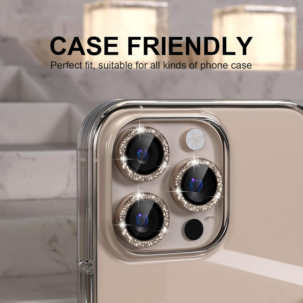 Choiche Compatible for iPhone 16 Pro/iPhone 16 Pro Max Camera Lens Protector Bling, 9H Tempered Glass Camera Cover Screen Protector Metal Ring Decoration Accessories(Glitter-Titanium Desert)