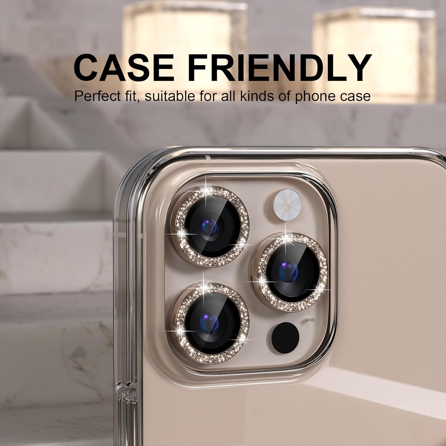 Choiche Compatible for iPhone 16 Pro/iPhone 16 Pro Max Camera Lens Protector Bling, 9H Tempered Glass Camera Cover Screen Protector Metal Ring Decoration Accessories(Glitter-Titanium Desert)