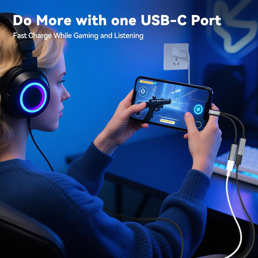 USB C Splitter,1 in 2 Out Dual USB C Type Headphone and 60W PD Charger Audio Adapter,Hi-Fi Sound Quality Type C Headphone Adapter and Charging Dongle Cable for Phone 16/15 Pro Max(USB-USB,5Pack)