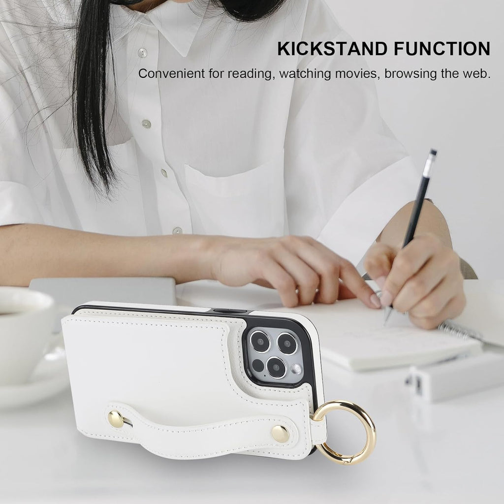 Folosu for iPhone 12/12 Pro Wallet Case with Card Holder, Hand Wrist Strap Loop Holder Kickstand, RFID Blocking Finger Grip Ring PU Leather Double Buttons Shockproof Cover 6.1 Inch (White)