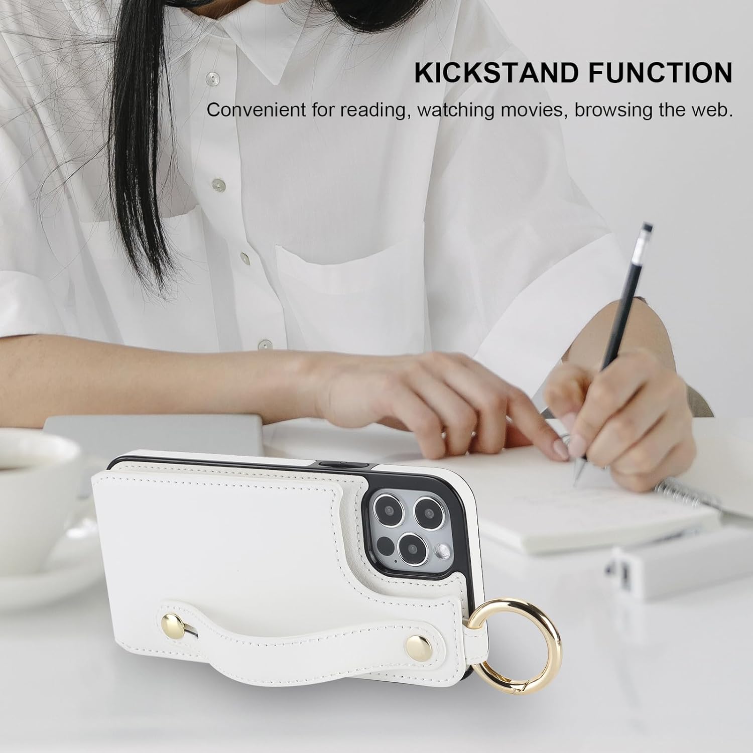 Folosu for iPhone 12/12 Pro Wallet Case with Card Holder, Hand Wrist Strap Loop Holder Kickstand, RFID Blocking Finger Grip Ring PU Leather Double Buttons Shockproof Cover 6.1 Inch (White)