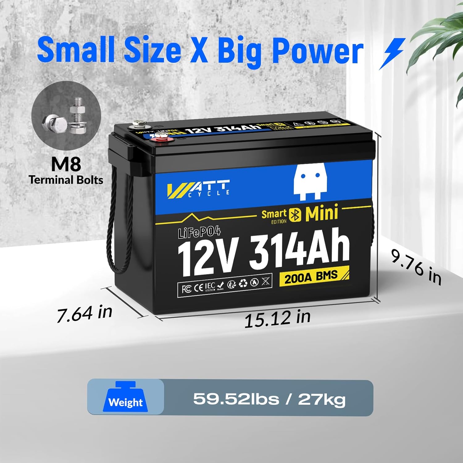 12V 314Ah Lithium LiFePO4 Battery Mini with Bluetooth 5.0 BMS 200A, 4.01kWh Energy, Upgraded Aluminum Cooling Fins & Braided Copper Wires, upporting devices over 2000W (1 PCAK)