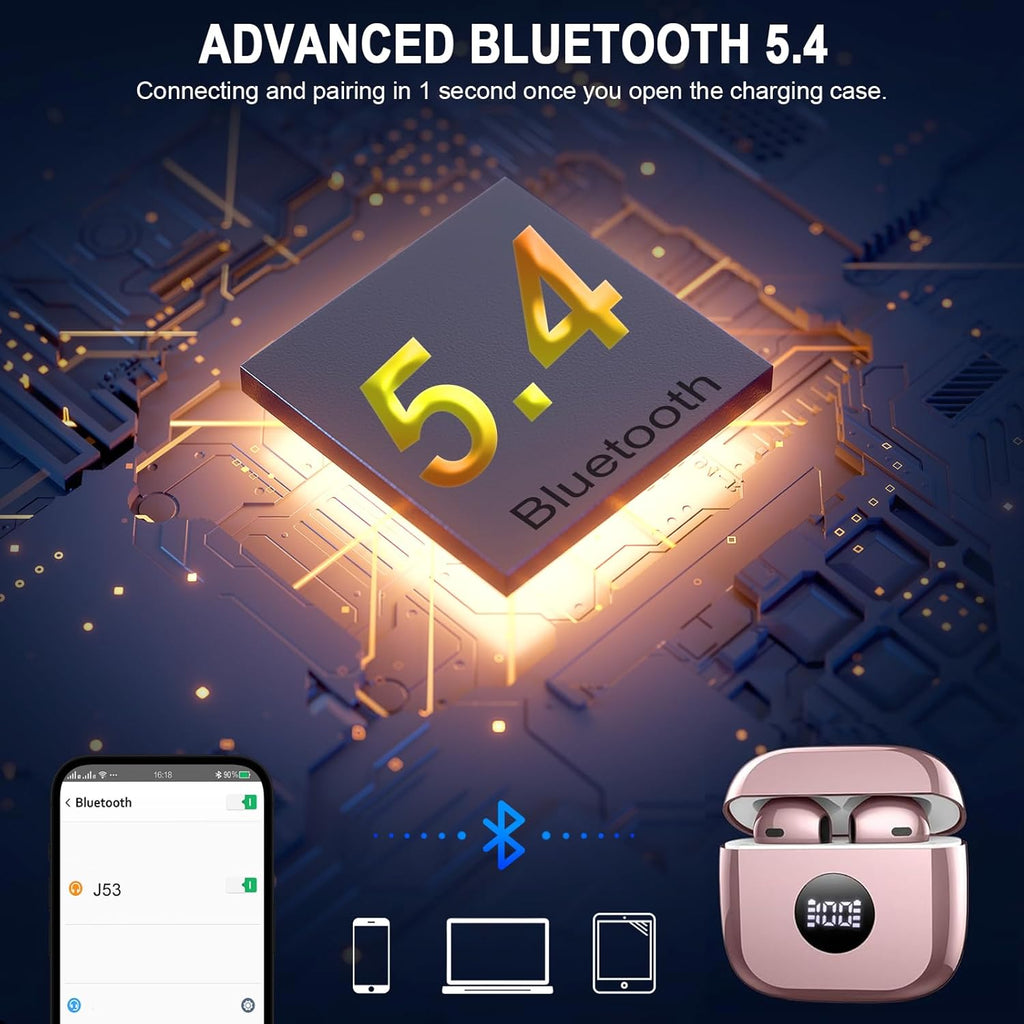 Wireless Earbuds, Bluetooth 5.4 Ear Buds LED Power Display Headphones Bass Stereo, Bluetooth Earbuds in-Ear Noise Cancelling Mic, 40H Playback Mini Case IP7 Waterproof Sports Earphones for Android iOS