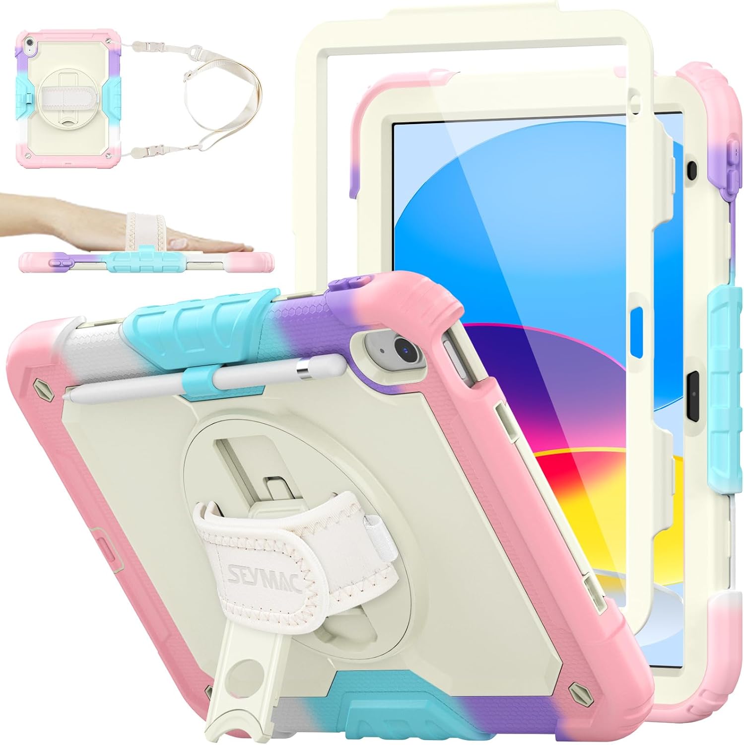 SEYMAC stock Case for iPad (A16) 11th/10th Generation 11''/10.9'' 2025/2022, Full-Body Drop Protection Case with Screen Protector &360° Rotate Hand Strap/Stand, Yellowish+Pink