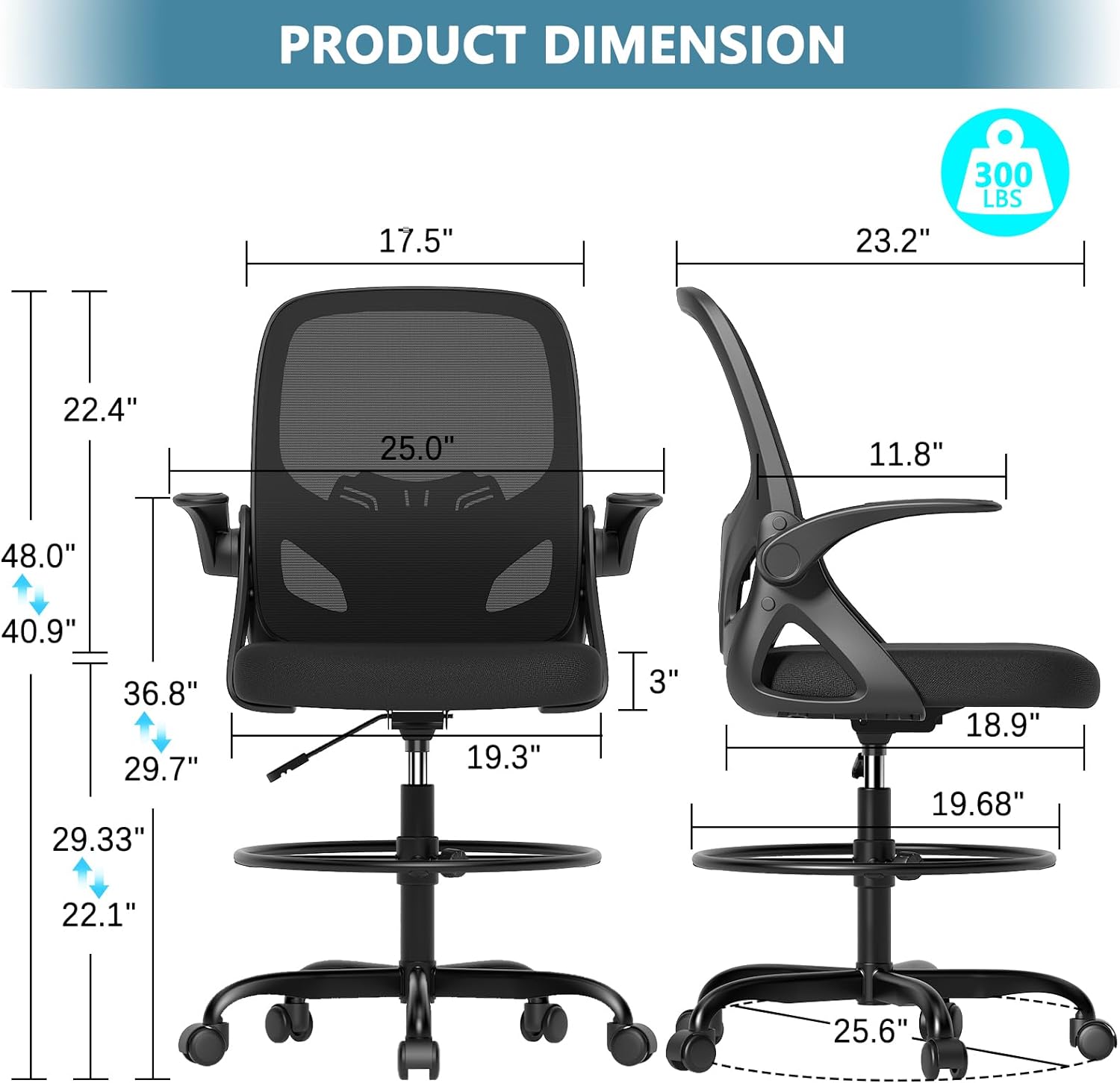 Tall Drafting Chair with Footrest Ring for Home and Work, Ergonomic Home Desk Office Chair with Flip up Arms and Lumbar Support, Extended Height Executive Desk Office(Black)