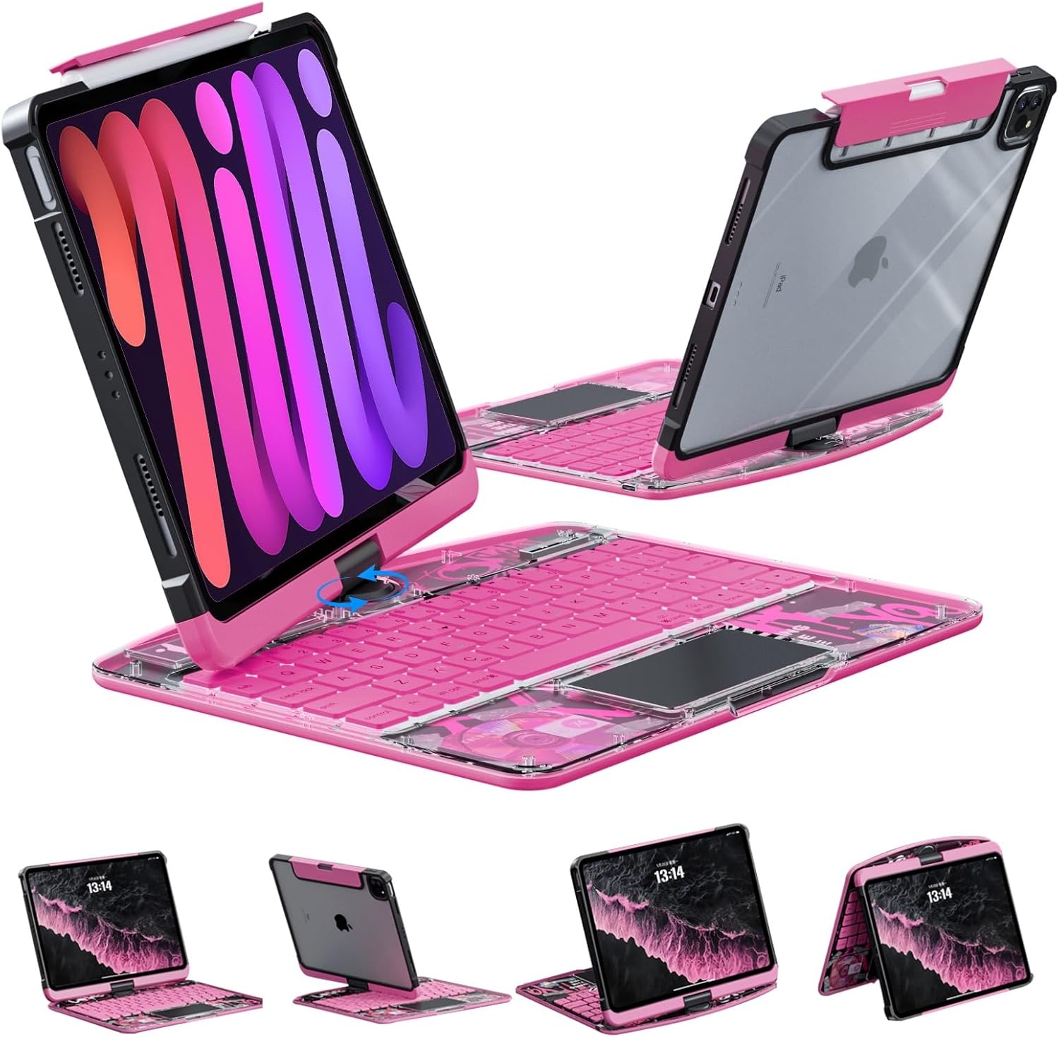 KARTICE Transparent 360 for iPad Keyboard case with Wireless Keyboard for iPad 7/8/9th 10.2 inch, Multi-Touch Trackpad, 7 Color Backlight, 360° Rotating Stand with Pencil Holder