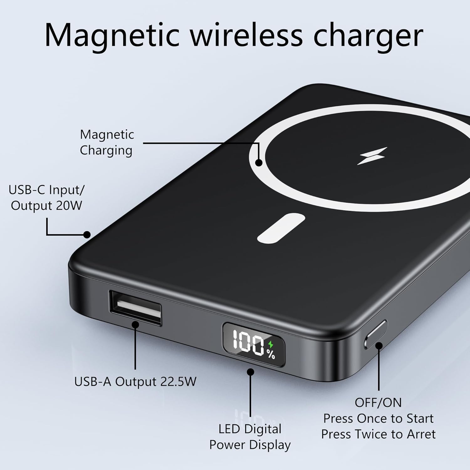 YUJE for Magsafe Battery Pack Magnetic Power Bank 10000mAh, Wireless Portable Charger with Foldable Stand Dual USB-C & USB-A Port Fast Charging Compatible with iPhone 16/15/14/13/12 Pro/Max/Plus