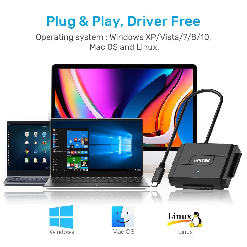 Unitek IDE/SATA to USB C 3.0 Adapter, Universal IDE Hard Drive Little Triangle pro Converter for 2.5"/3.5" Inch IDE and SATA External HDD/SSD, Support 10TB