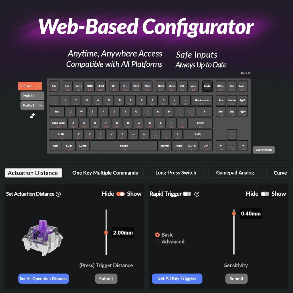 Keychron Q3 HE Wireless Custom Mechanical Keyboard, 2.4 GHz/Bluetooth/Wired QMK Rapid Trigger 80% TKL Hot-Swappable Programmable RGB Gateron Double-Rail Magnetic Switches for Mac Windows, Carbon Black