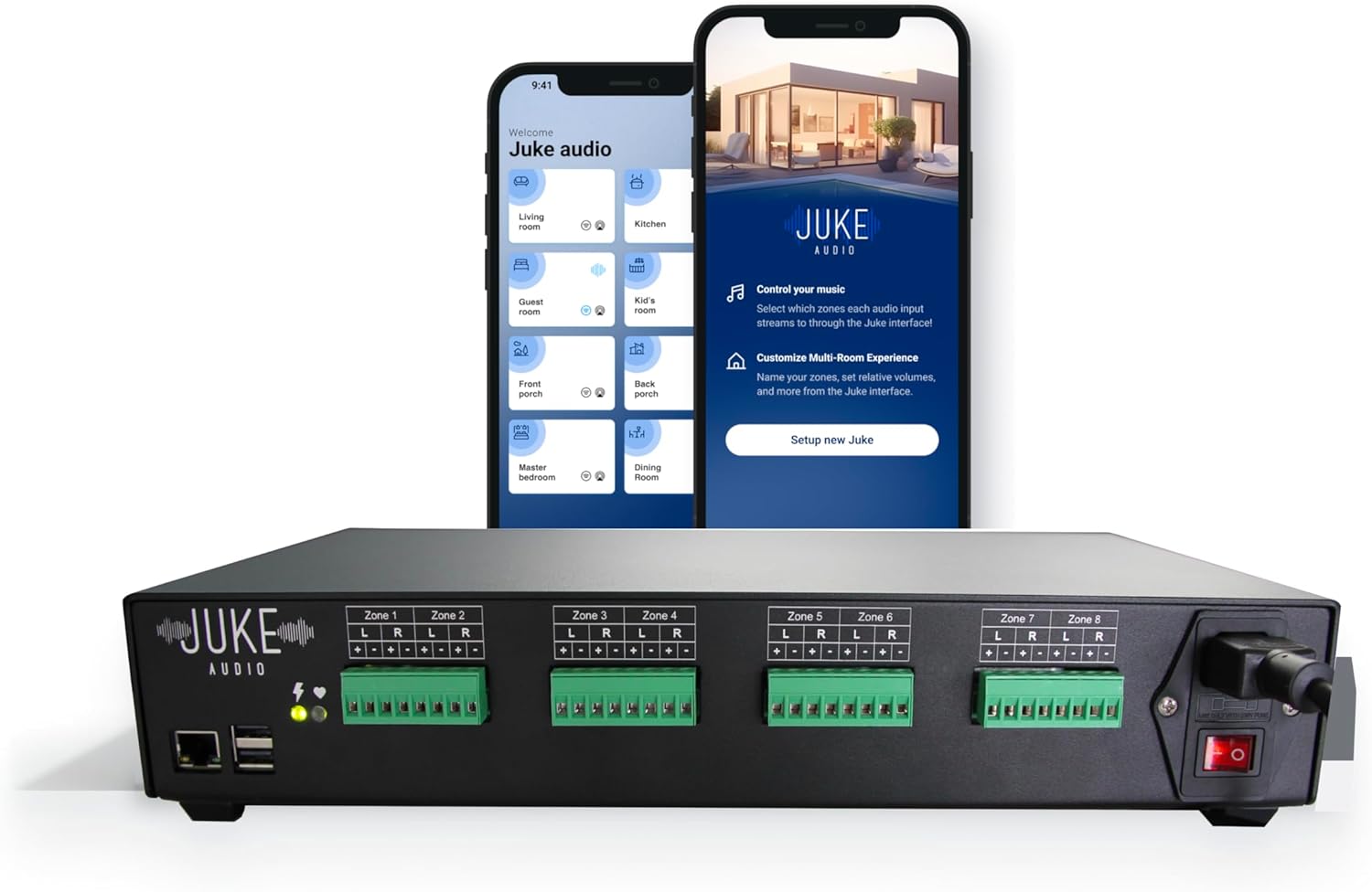 Juke-8: 8 Zone Multi-Room Amplifier | Built-in Music Streaming & Wireless App Control | Supports 8 Audio Sources Simultaneously | Whole Home Audio System | Airplay 2, Spotify Connect, Bluetooth