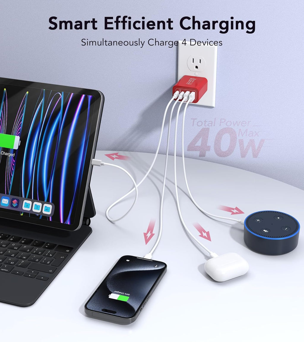 40W USB C Wall Charger, 2-Pack Super Fast Charging Block PD+QC 4 Port Charger Cube for iPhone 16,iPad Pro/Mini/Air, iPod Nano, iPod Touch, Switch, Smart Phone, Smartwatches and Tablet(Red)