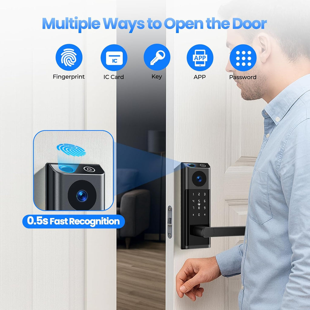 CAMCAMP WiFi Video Smart Lock with Camera & Doorbell, Keyless Entry Door Lock with Handle for Front Door, Five Ways to Unlock Fingerprint, App, Key, Fob, Keypad, Auto Lock, Easy to Install