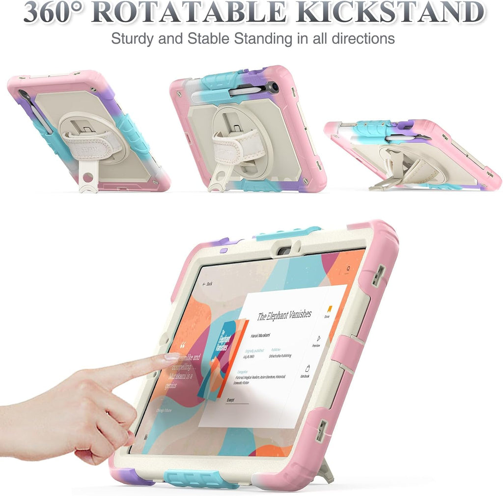 SEYMAC stock Case for Samsung Galaxy Tab S10 FE / S9 / S9 FE 5G Tablet Case Protective with Screen Protector, Pencil Holder, 360 Rotate Stand, Hand Strap, Shoulder Strap, Beige+Pink