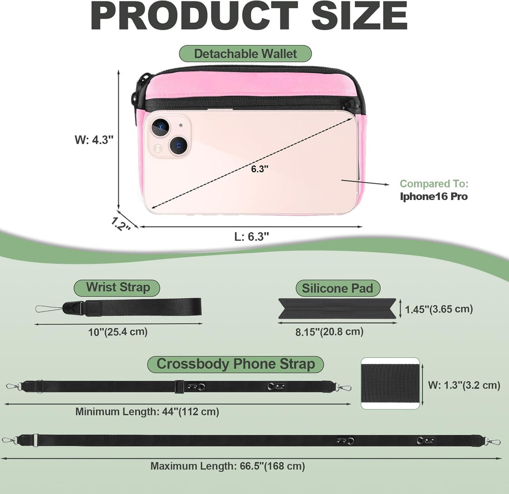 Clip and Go Strap for Phone with Wallet Crossbody, Adjustable Phone Lanyard with Detachable RFID Wristlet Wallet & Ultra-Thin 360° Rotatable Metal Tabs for All Smartphones (Pink)