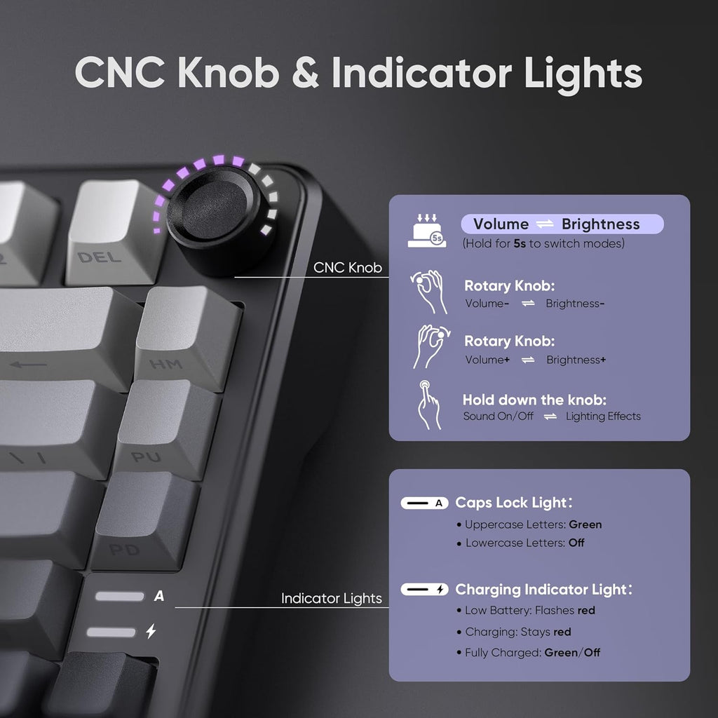 RedThunder K75 Wireless Mechanical Gaming Keyboard, 75% Hot Swappable Creamy Keyboard with Knob, RGB Backlit, Pre-lubed Linear Switches, Side Printed PBT Keycaps, Wireless/Wired/BT5.0 Connection Mode