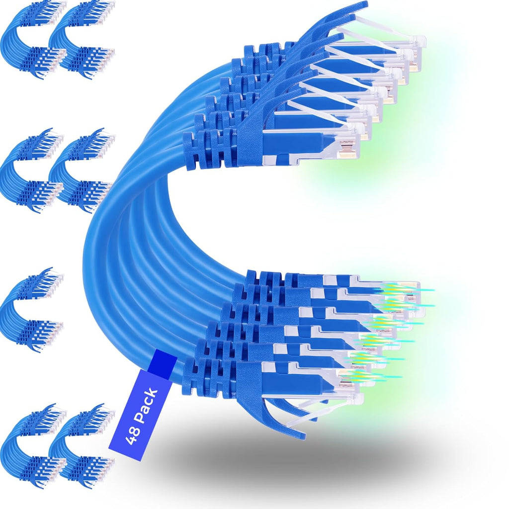 Rapink Patch Cables Cat6 1ft (48 Pack), Ethernet Patch Cable 10G, Cat 6 Patch Cable for Patch Panel to Switch, Flexiable Cat 6 Ethernet Cable with Gold Plated Blue