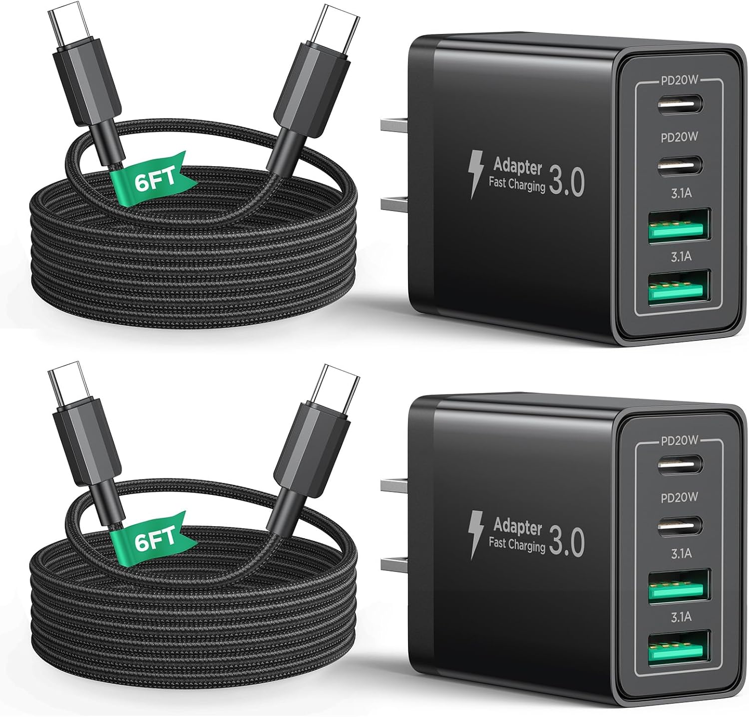 40W USB C Charger Cube, 2Pack 4-Ports Wall Plug Fast Charging Block with 6FT USBC to USBC Cord, Multiport Brick Type C Box Compatible with iPhone 16/15, Samsung S25 S24 S23, iPad, Cellphones Charger